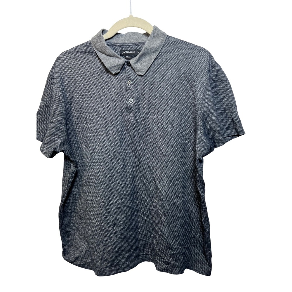 Jim Thompson Classic Mens Large Polo‎ Shirt Grey Navy Blue Textured 100% Cotton